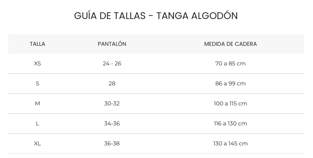 guia de tallas ropa interior mujer